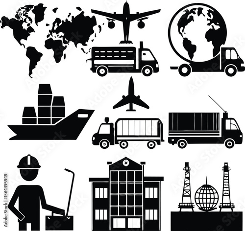 Global Logistics & Supply Chain Icons: Shipping, Trucking, Air Freight, World Map, Silhouette