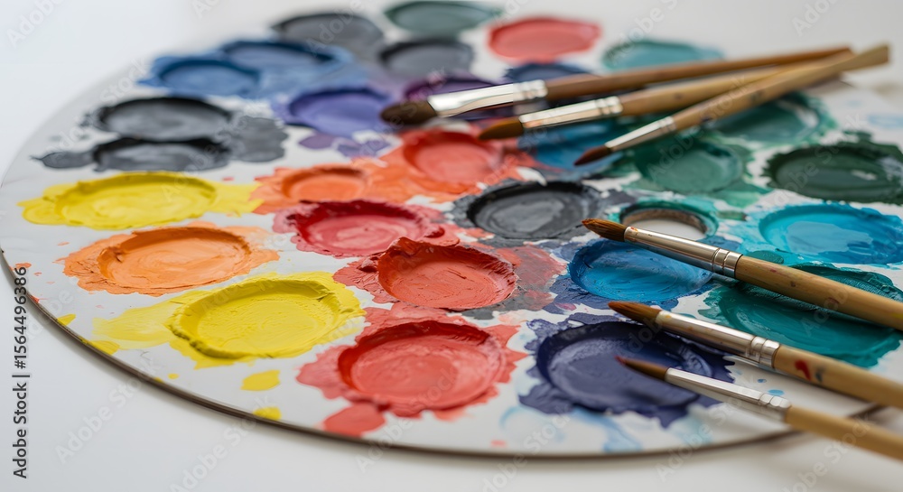 Obraz premium Vibrant Gouache Paint Palette with Artistic Brushes for Creative Painting and Color Mixing