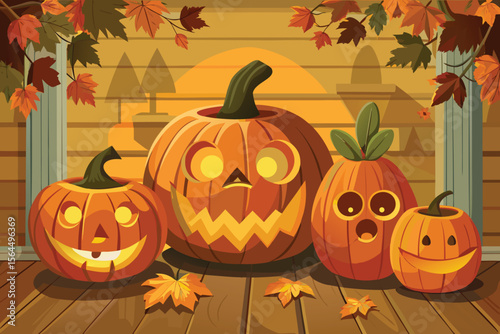 Cartoon Halloween Pumpkins on a Porch with Autumn Leaves Background