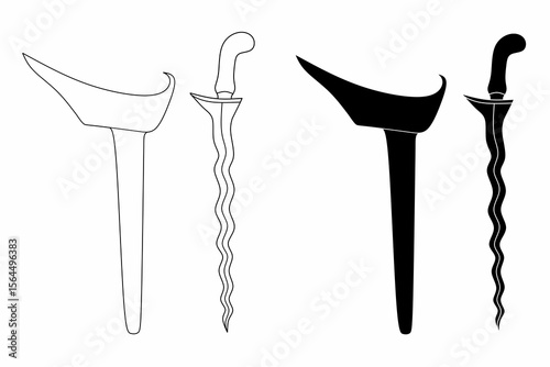 Traditional keris vector set with silhouette and outline styles. Perfect for cultural, historical, and educational projects related to Indonesian heritage. Keris isolated on white background.
