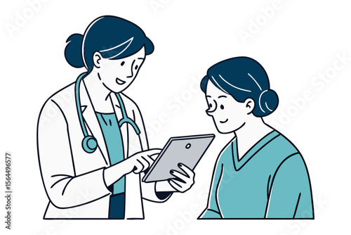 Friendly doctor in a white coat with a stethoscope consults with a patient using a digital tablet discussing medical information