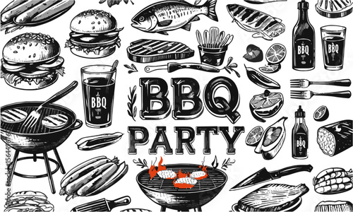 Scalable vector design featuring hand-drawn illustrations of BBQ party foods and accessories, burgers, sausages, fish, steaks, corn, drinks, BBQ grills, cutlery, sauces, condiments, easily editable