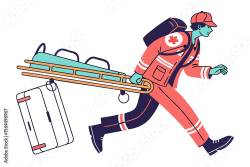 Urgent medical response paramedic rushes with stretcher and medical bag symbolizing quick emergency aid and patient transport