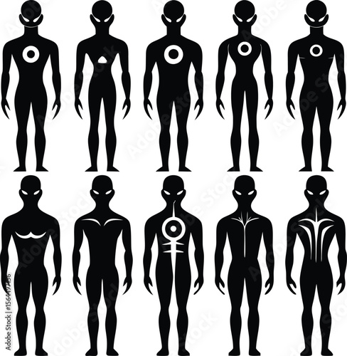 Alien Silhouette Vector Art: Black and White Extraterrestrial Humanoid Figure Collection