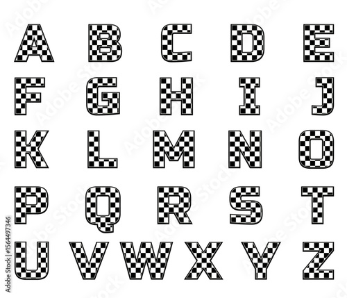 Letters checkerboard pattern. Black and white monochrome alphabet. Uppercase letters with racing flag pattern. Vector winning font