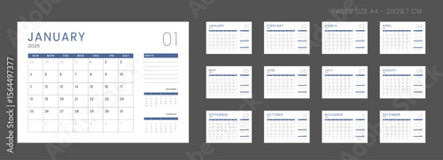 Set of Monthly pages Calendar Planner Templates 2026 with Note. Vector grid layout of a wall or desk simple organizer with week start Sunday in grey and blue color for print. Pages size A4 -21x29.7cm