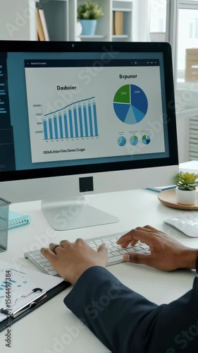 Business analysis and data entry on computer in modern office setting.