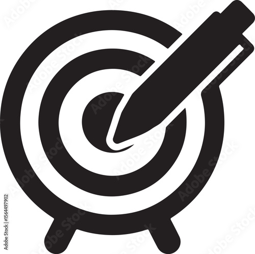 Silhouette icon of a target board and pen, symbolizing goal planning, focus, strategy, and written objectives.