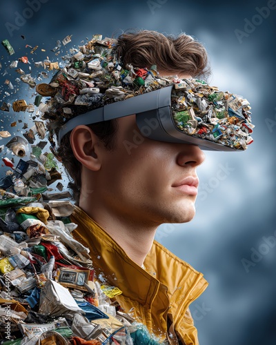 A young man wearing a virtual reality headset with litter erupting around him, symbolizing technology and waste.