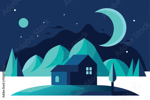 A stylized illustration of a house nestled beneath a crescent moon and starry night sky.