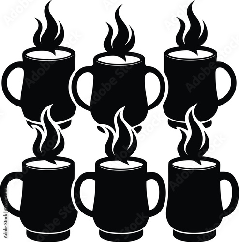 Black and White Coffee Mugs with Steam, Vector Illustration, Hot Drink, Coffee Shop Graphic