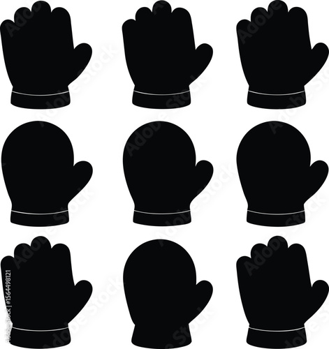 Black Silhouette Mittens & Gloves Pattern: Winter Clothing Vector Graphic Illustration