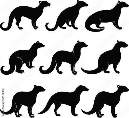 Black Silhouette Vector Illustration of a Weasel Animal Set, Wildlife Mammal Graphic Art