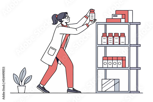A scientist in a lab coat carefully places a bottle on a shelf filled with medical supplies and boxes representing pharmaceutical inventory management