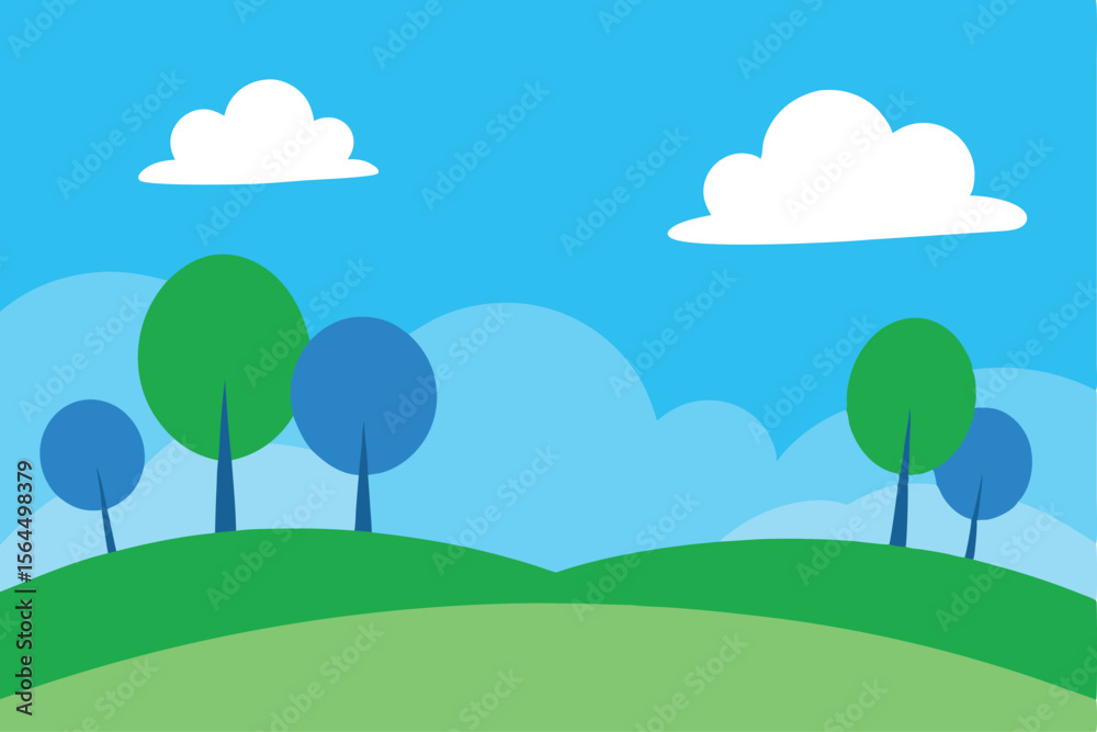 Fototapeta premium Simple cartoon landscape featuring trees, clouds, and rolling green hills against a blue sky.