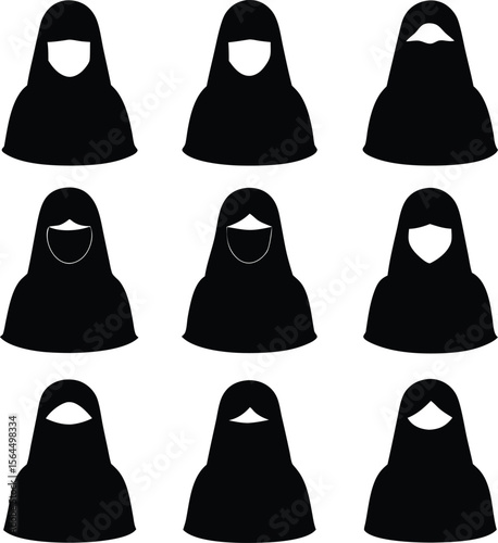 Niqab Vector Icons: Muslim Women's Veil Styles, Islamic Clothing Silhouette Graphics
