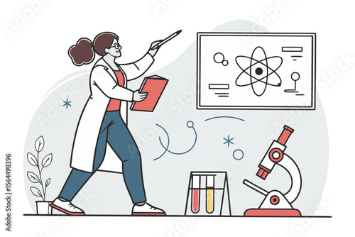 Scientist in lab coat presenting atomic structure on board with microscope and test tubes in a stylized flat illustration