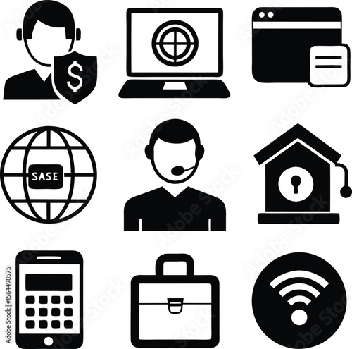 Black & White Security Icons: Cybersecurity, Network, Protection, Technology, & Communication