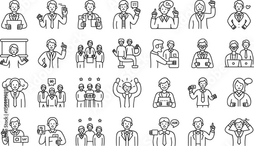 Set of 24 Minimalistic Black and White Icons Illustrating Business, Communication, and Professional Activities