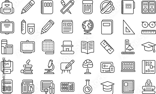 Collection of 32 Black and White Educational and Study Icons, Featuring School Supplies, Scientific Tools, and Learning Materials