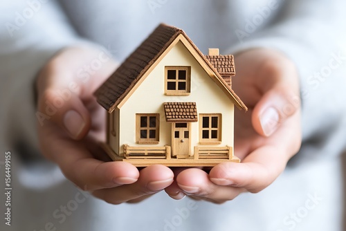 Miniature Wooden House Held in Hands, Small Dream Home Concept, Affordability