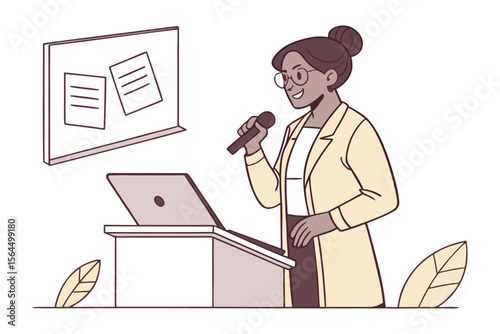 A confident female speaker wearing glasses and a yellow blazer addresses an audience while holding a microphone and standing behind a podium with a laptop