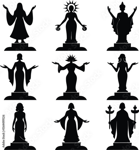 Silhouette Vector Art: Goddess Statues Collection, Religious Icon Set, Spiritual Symbol Graphics