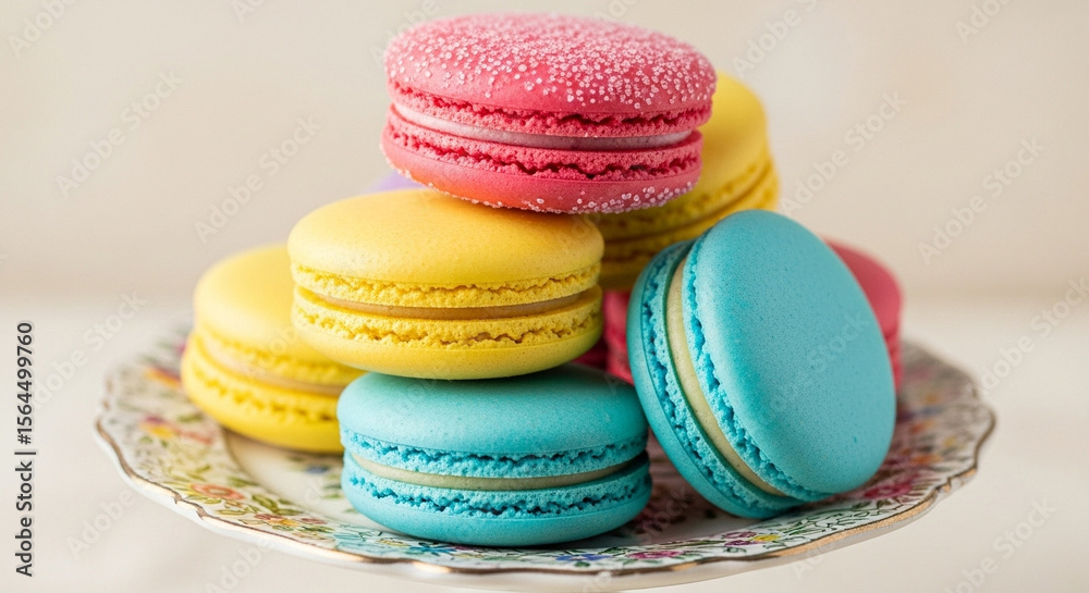 Obraz premium A stack of colorful macarons on a decorative plate with a light background in a close up shot