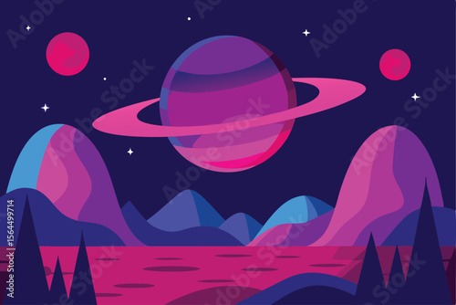 A stylized illustration of a ringed planet above a landscape with mountains, water, and stars, rendered in shades of purple, pink, and blue.