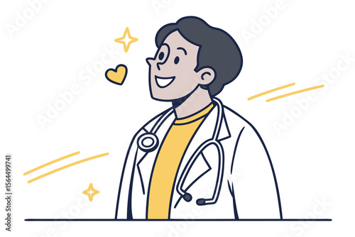Friendly cartoon doctor with stethoscope and sparkles radiating health and positivity in a simple illustration style
