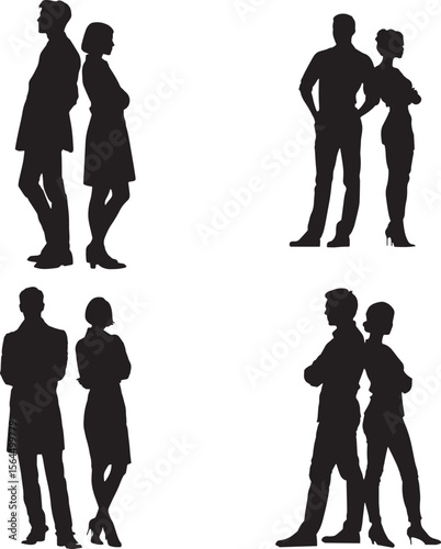 Professional Man and Woman Couple Silhouette Set Standing in Pose