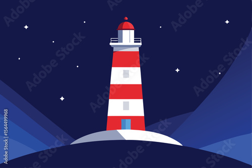 A red and white striped lighthouse stands on a small island under a starry night sky.