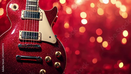 Red electric guitar shines brightly against a sparkling red backdrop, perfect for music lovers and performers, Red electric guitar on sparkling red background