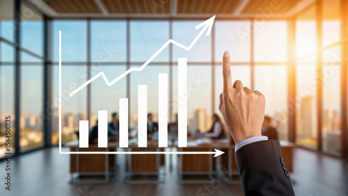 Business growth graph with a hand pointing upwards in a modern office.