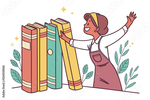 Joyful librarian reaching for colorful books amidst decorative leaves and sparkles celebrating the love of reading and knowledge