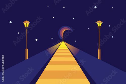A pathway illuminated by streetlights leads to a colorful archway under a starry night sky.