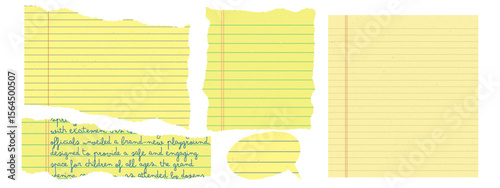 Yellow torn paper set for collage, banner, and creative digital design. Notebook sheet scraps with lines, cells, and rough edges.
