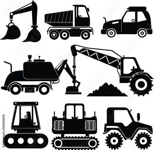 Black and White Construction Vehicles Silhouettes: Excavator, Dump Truck, Bulldozer Vector Graphics