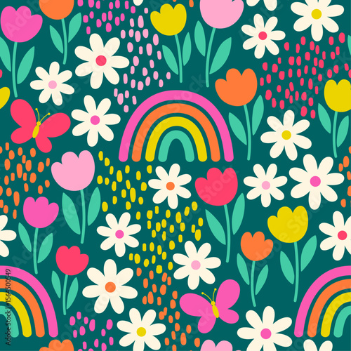 Colorful cute flower, rainbow and butterfly seamless pattern design for spring season background.