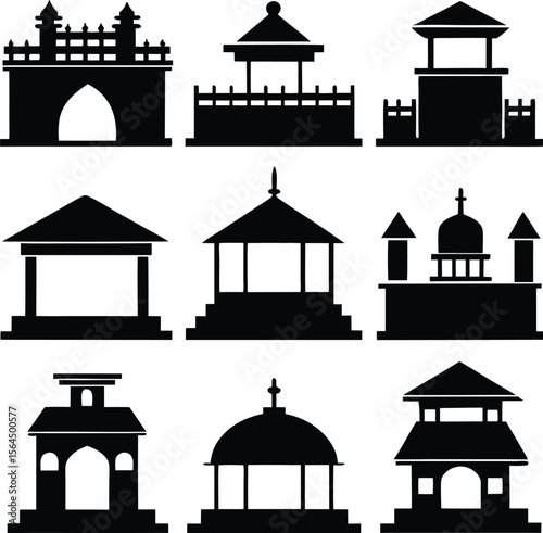 Black Silhouette Illustrations of Asian Temples and Pagodas Architecture Vector Art