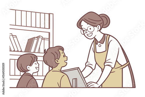 Friendly librarian wearing glasses and an apron helps two young children choose books from a bookshelf in a library setting