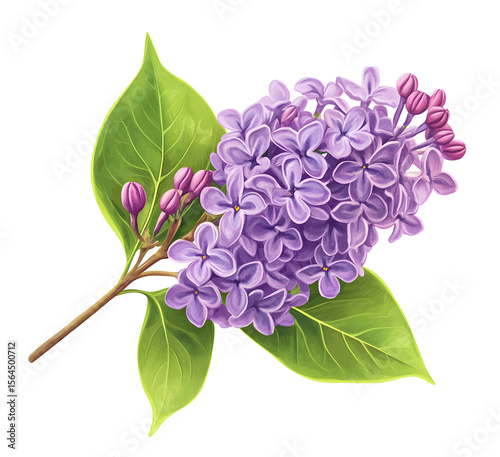 Detailed digital illustration of a vibrant purple lilac sprig against black backdrop