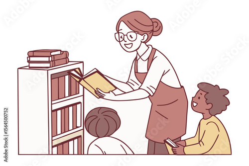A smiling librarian with glasses helps two children select books from a bookshelf fostering a love for reading and learning