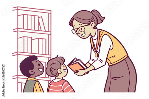 Friendly teacher with glasses shares a book with two smiling children in front of a bookshelf fostering a love for reading and learning