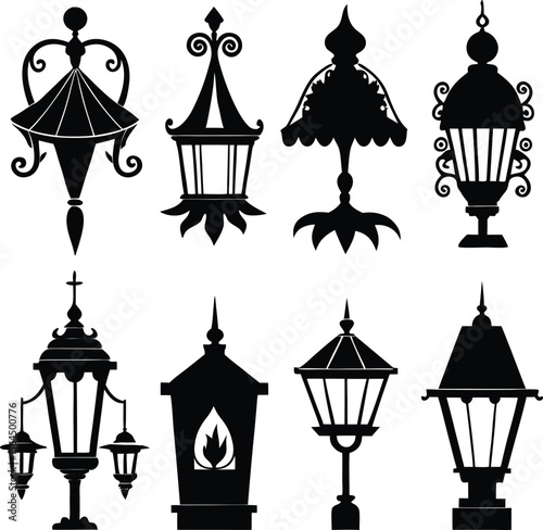 Vintage Black and White Lantern Silhouettes: Ornate Street Lamp Vector Graphics Collection