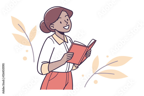 Joyful young woman enthusiastically reading an open book surrounded by stylized autumn leaves and gentle dots