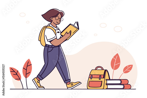 A young person with glasses and a backpack walks while reading a book with more books and a backpack nearby symbolizing education and learning