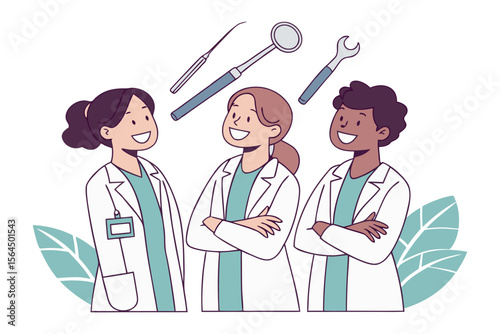 Three diverse smiling dentists in white lab coats stand with arms crossed showcasing dental tools above their heads against a clean white background