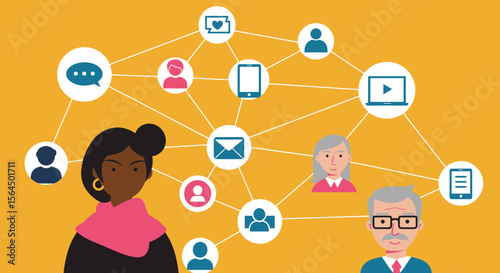 Connected world with technology and diverse individuals sharing ideas through communication