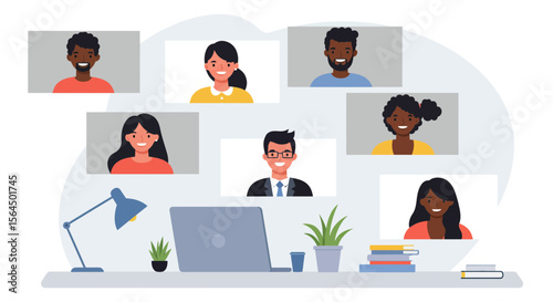 Diverse team video conference call illustration for online meetings and collaboration